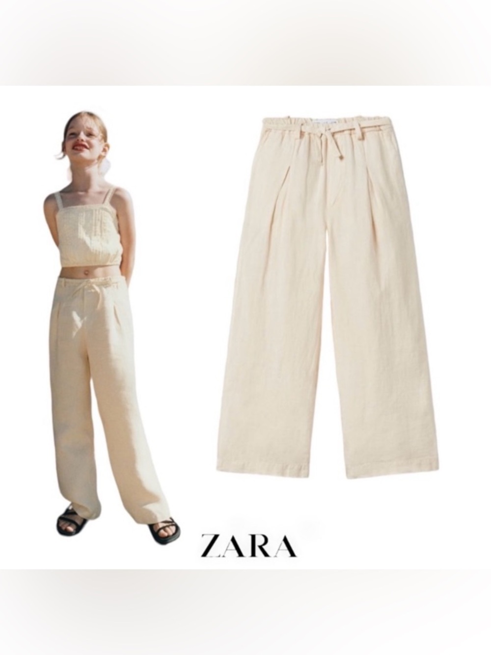 ZARA Kids | Light Beige | FLOWY LINEN PANTS Size 13-14